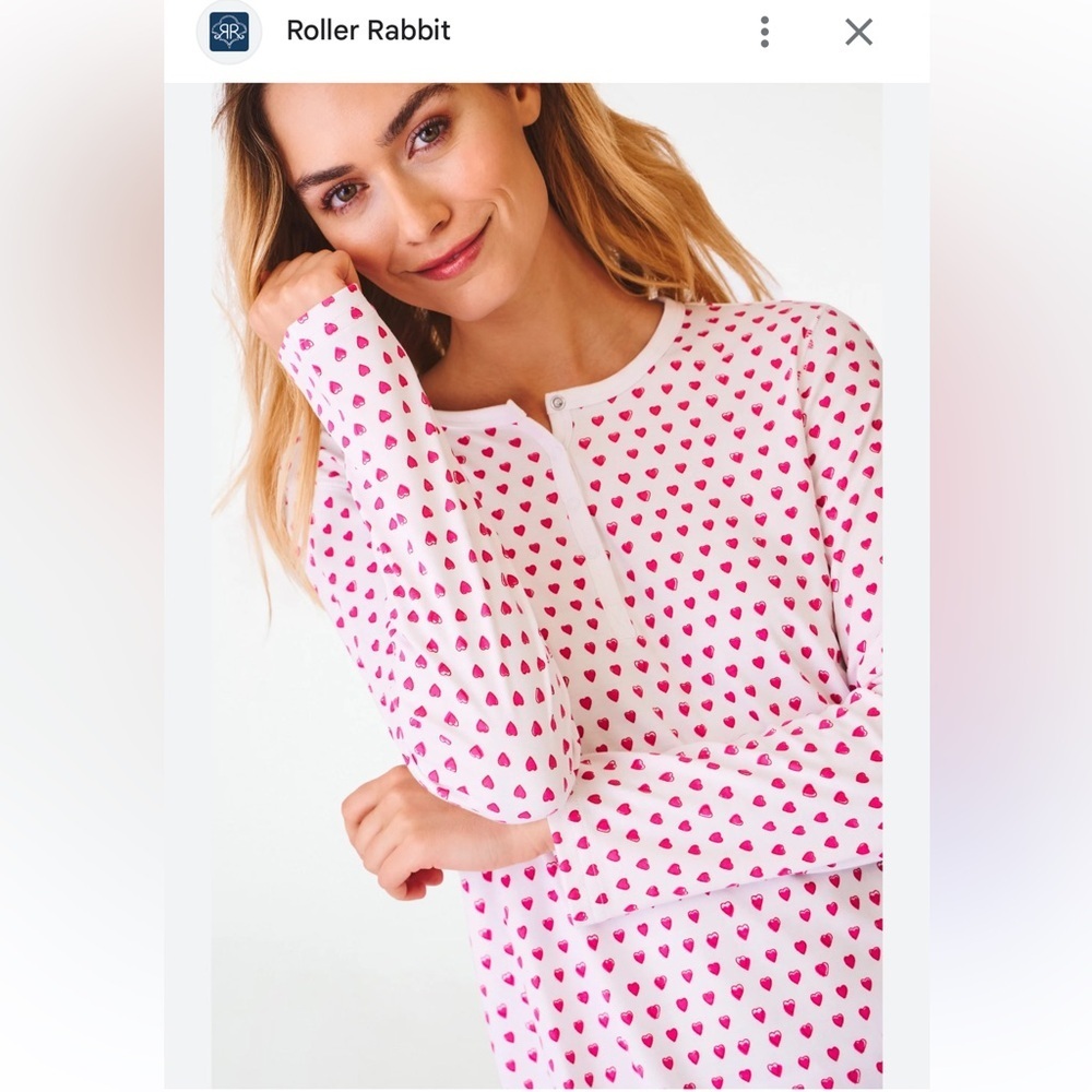 Roller Rabbit White Pajama Top with Pink Heart Design large 100% Pima Cotton
